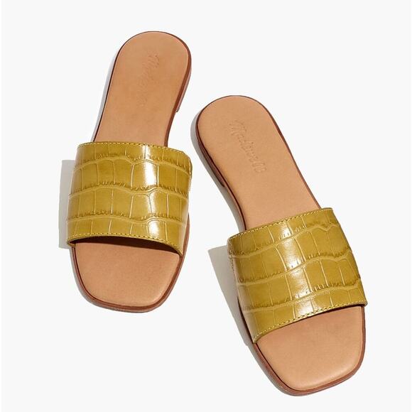 Madewell The Lianne Slide in Croc Embossed Leather - Yellow Green Tan - Size 5.5 - Picture 1 of 7